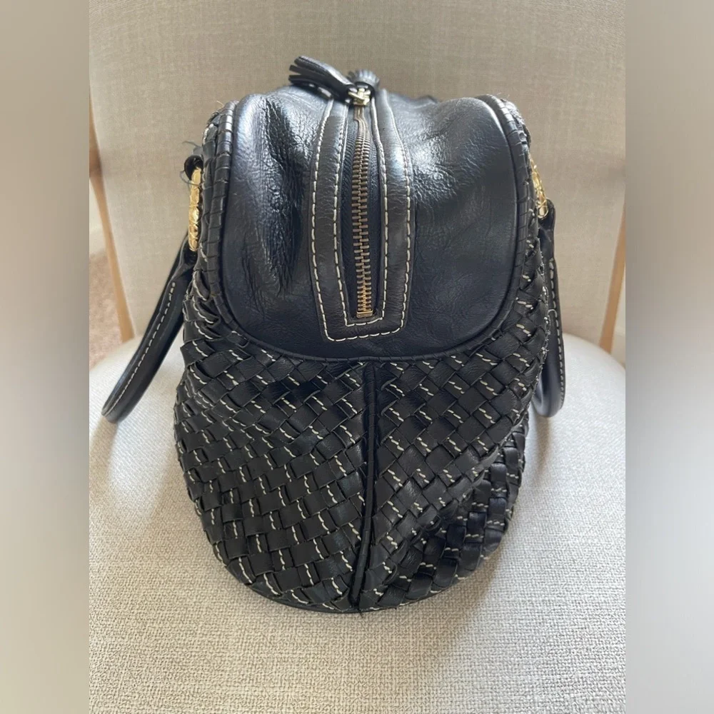 Antonio Melani Black Intrecciato Genuine Leather Satchel Handbag Gold Hardware